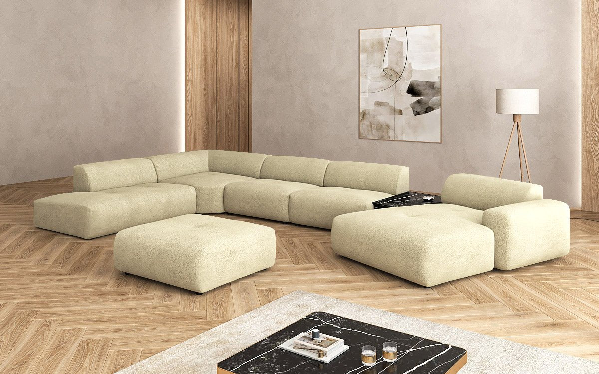 Designer Wohnlandschaft Calm mit Beistellhocker in Bouclé