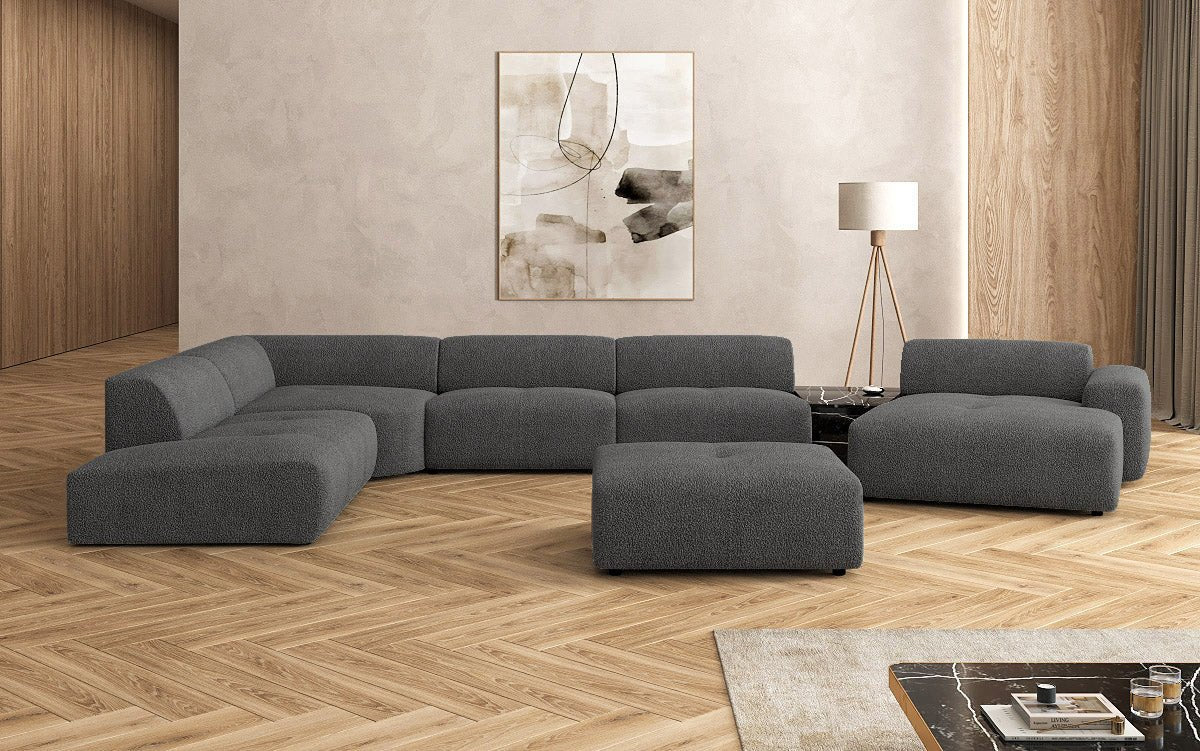 Designer Wohnlandschaft Calm mit Beistellhocker in Bouclé