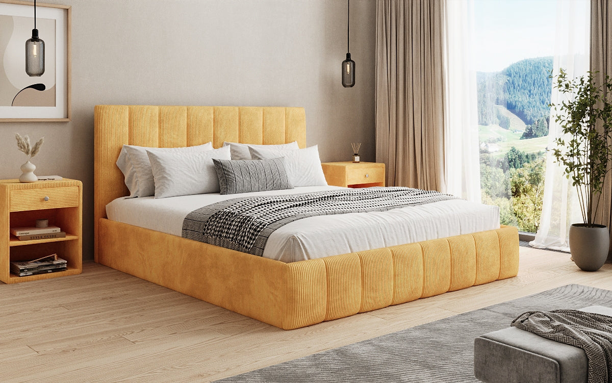 Designer Polsterbett Mila in Cord mit Stauraum