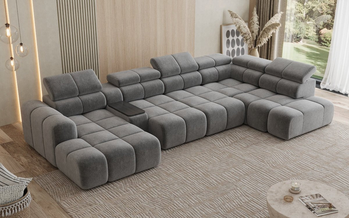 Designer Sofa Wohnlandschaft Mia mit elektrischer Sitzerweiterung in Chenille