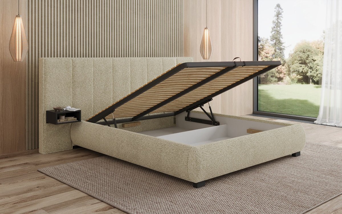 Designer Polsterbett Elvara in Bouclé mit Stauraum