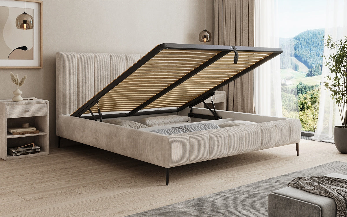 Designer Polsterbett Astrid in Cord mit Stauraum