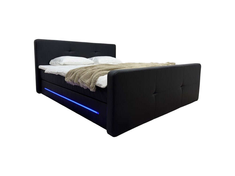 OUTLET - Boxspringbett Oakland mit LED Kunstleder / 180x200 / Schwarz / H3