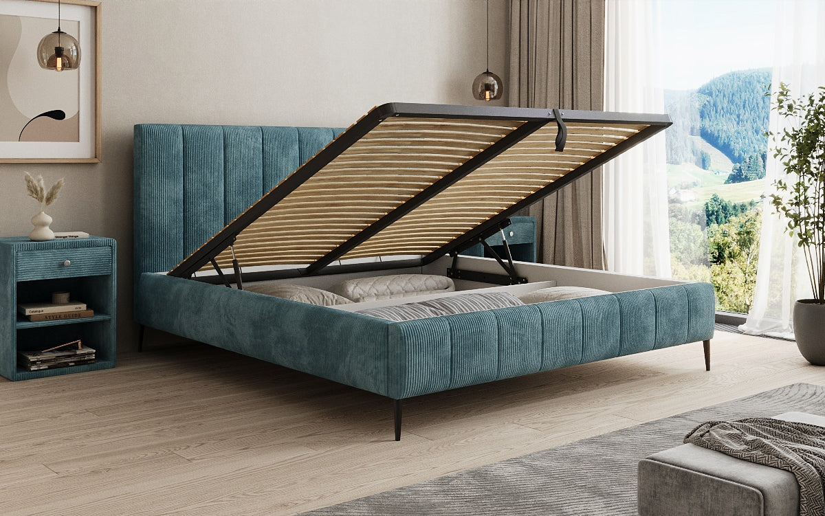 Designer Polsterbett Astrid in Cord mit Stauraum