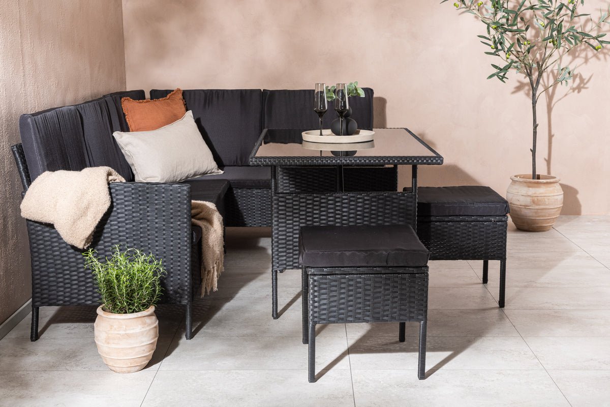 Garten Loungeset Jess – 5-teilig aus schwarzem Kunstrattan mit Glastisch
