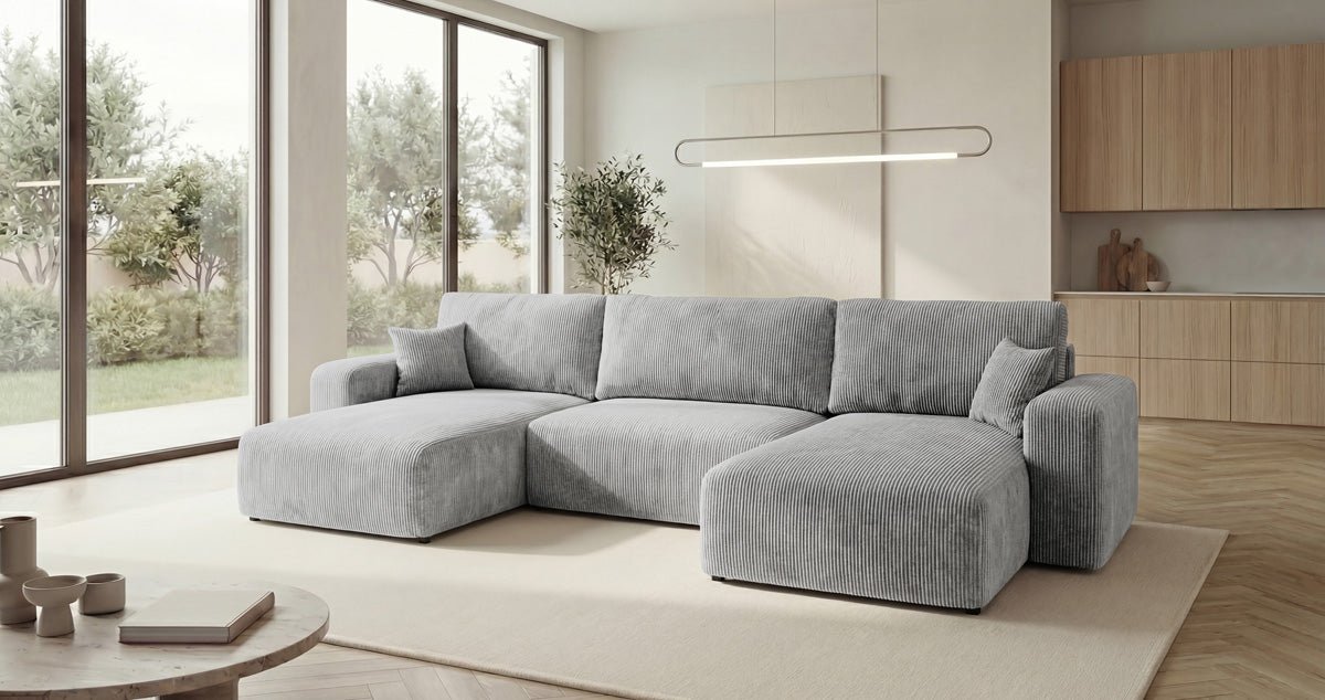 Designer Sofa Noma U mit Schlaffunktion und Stauraum in Cord