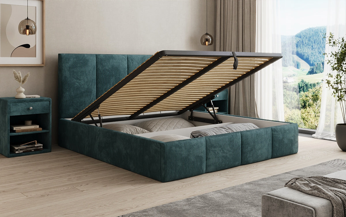 Designer Polsterbett Mina in Cord mit Stauraum