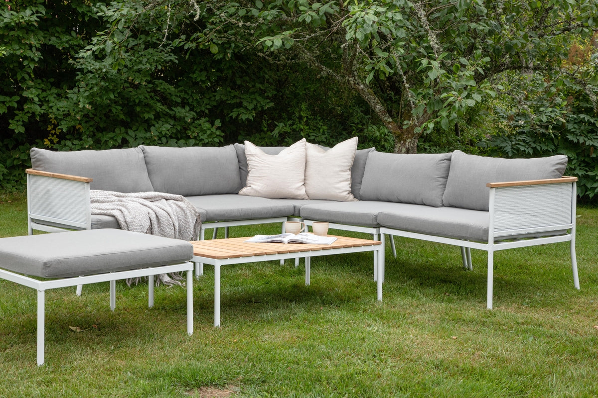 Garten Loungeset Luana – in Weiß & Schwarz mit Teak-Tisch & Polstern
