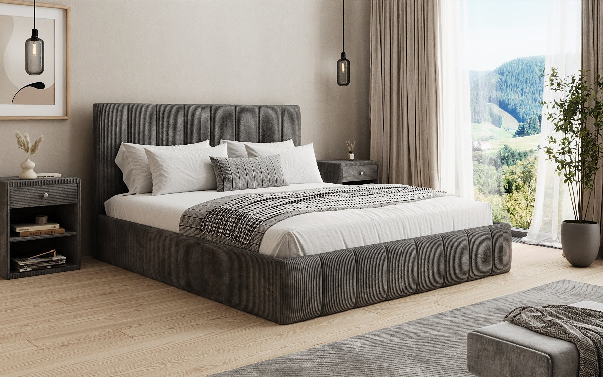 Designer Polsterbett Mila in Cord mit Stauraum