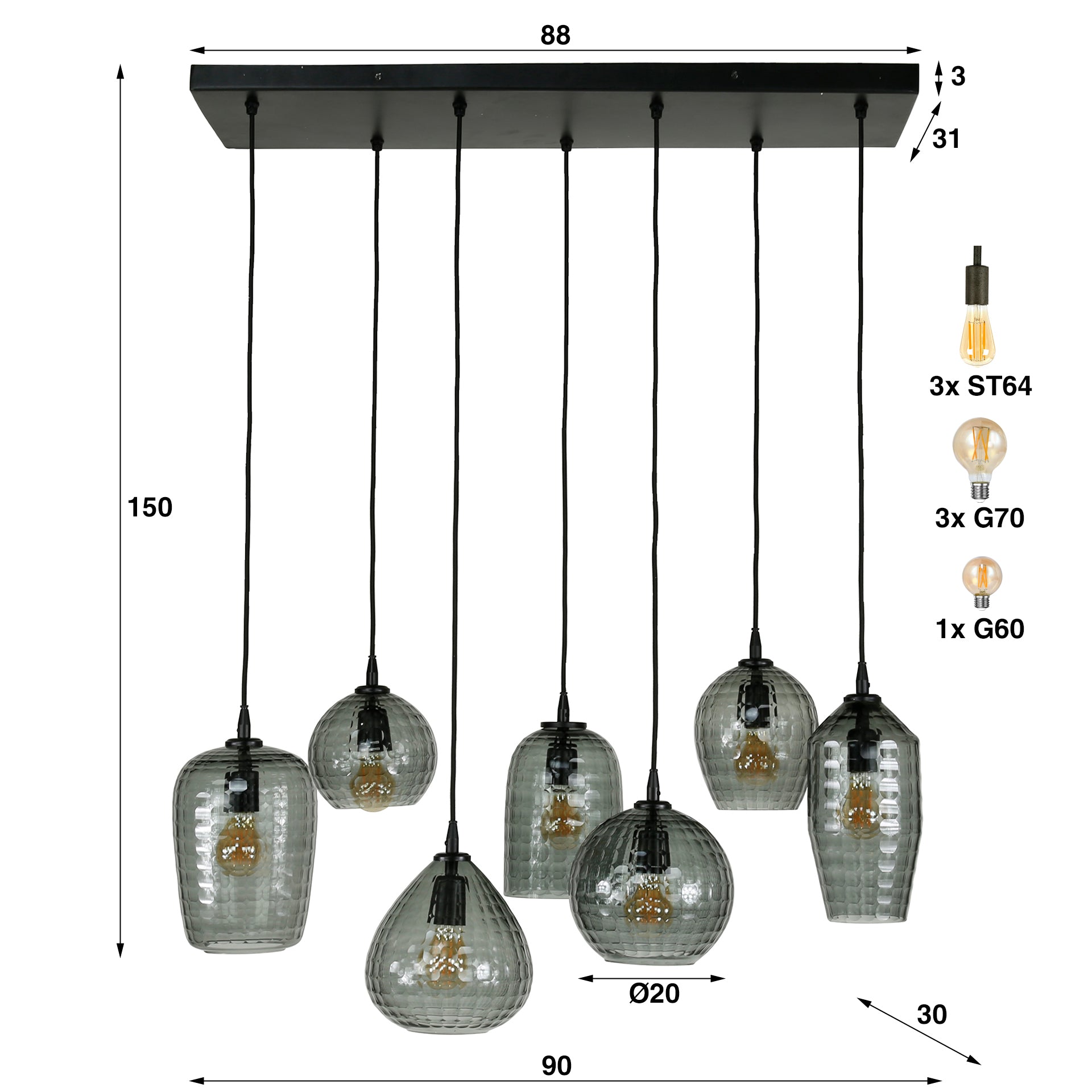 Pendelleuchte „Aurelia“ – mit 7 Leuchten im Rauchglas-Design und Metall Armatur