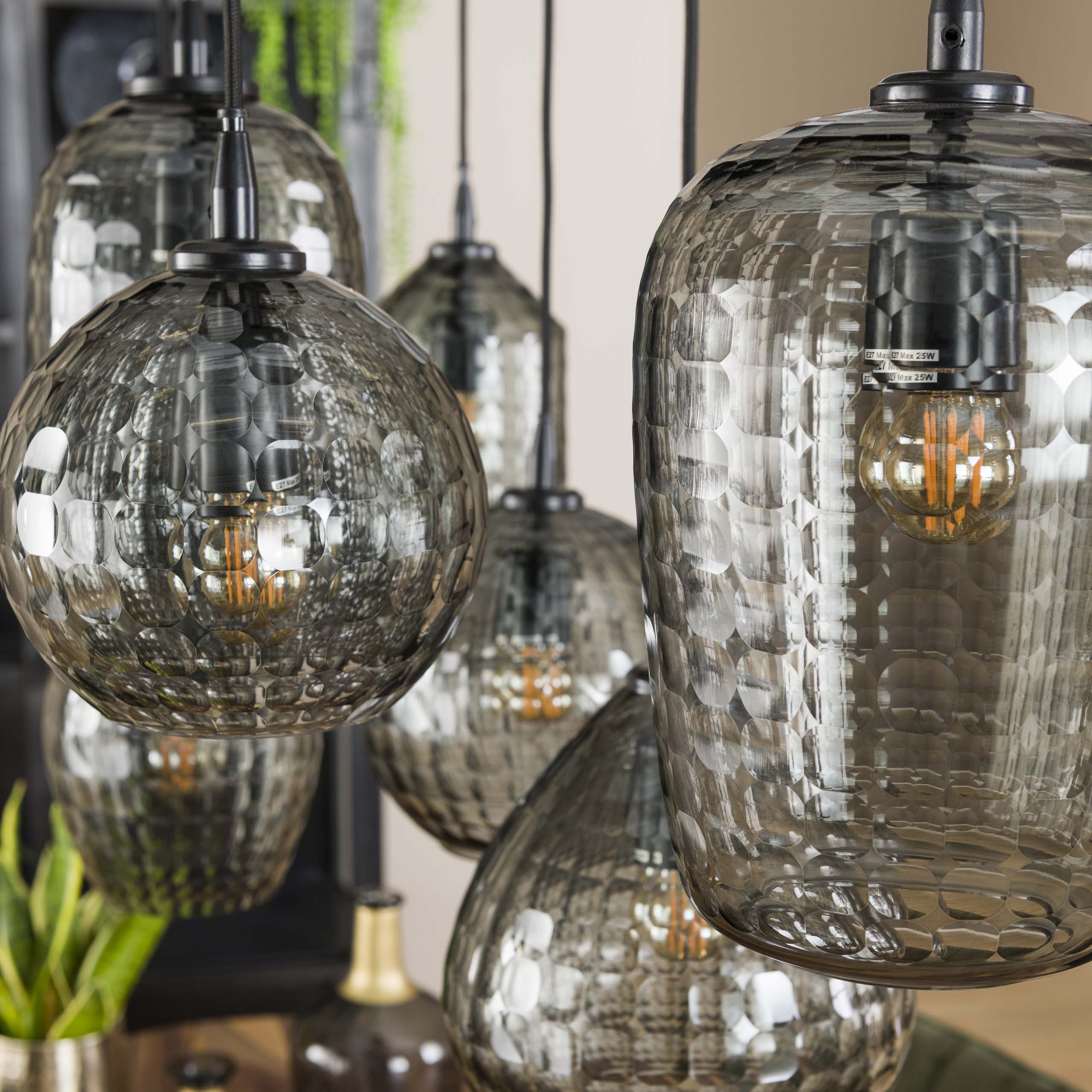 Pendelleuchte „Aurelia“ – mit 7 Leuchten im Rauchglas-Design und Metall Armatur
