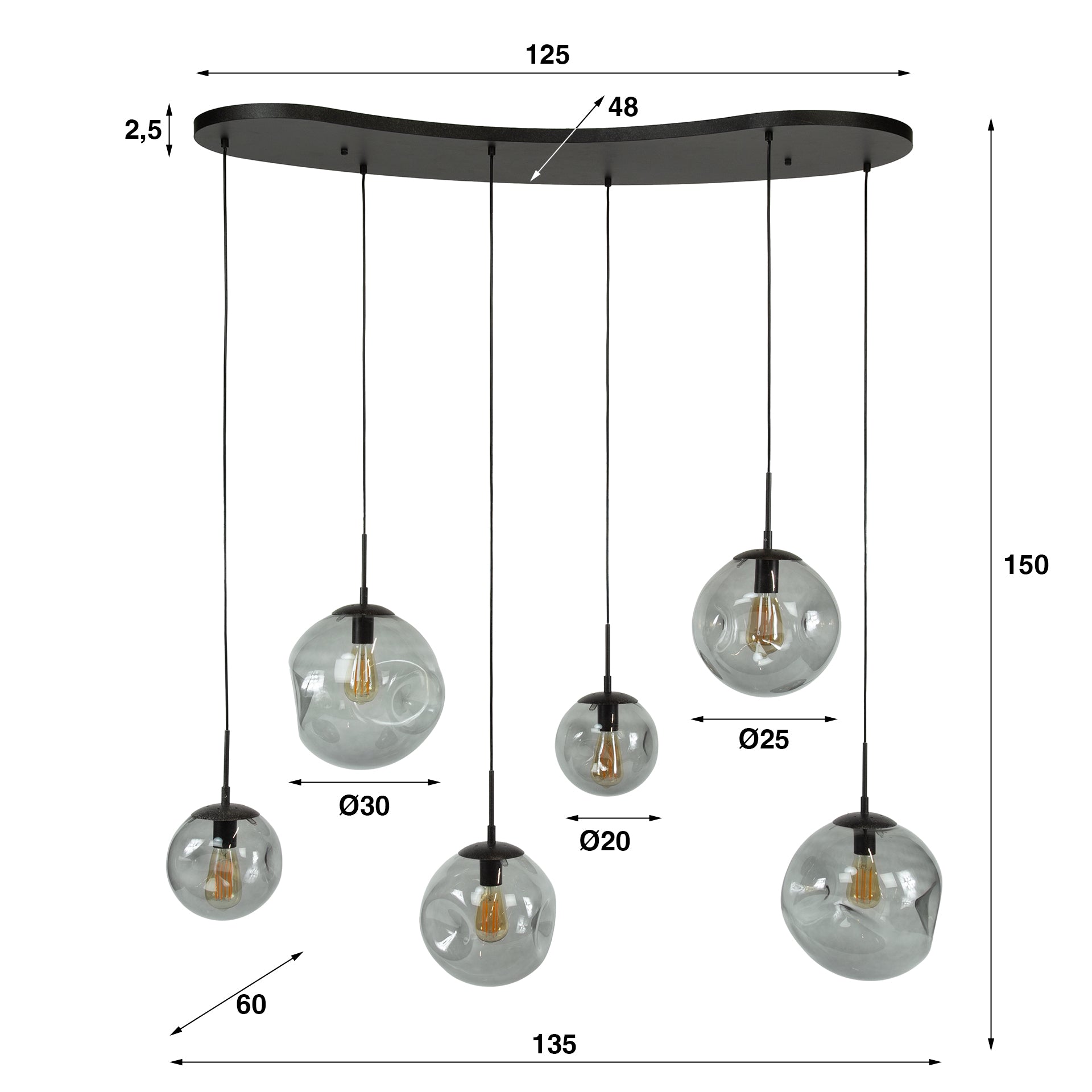 Pendelleuchte „Zephyra“ – 6 Leuchten im Rauchglas Design mit organischem Deckensockel