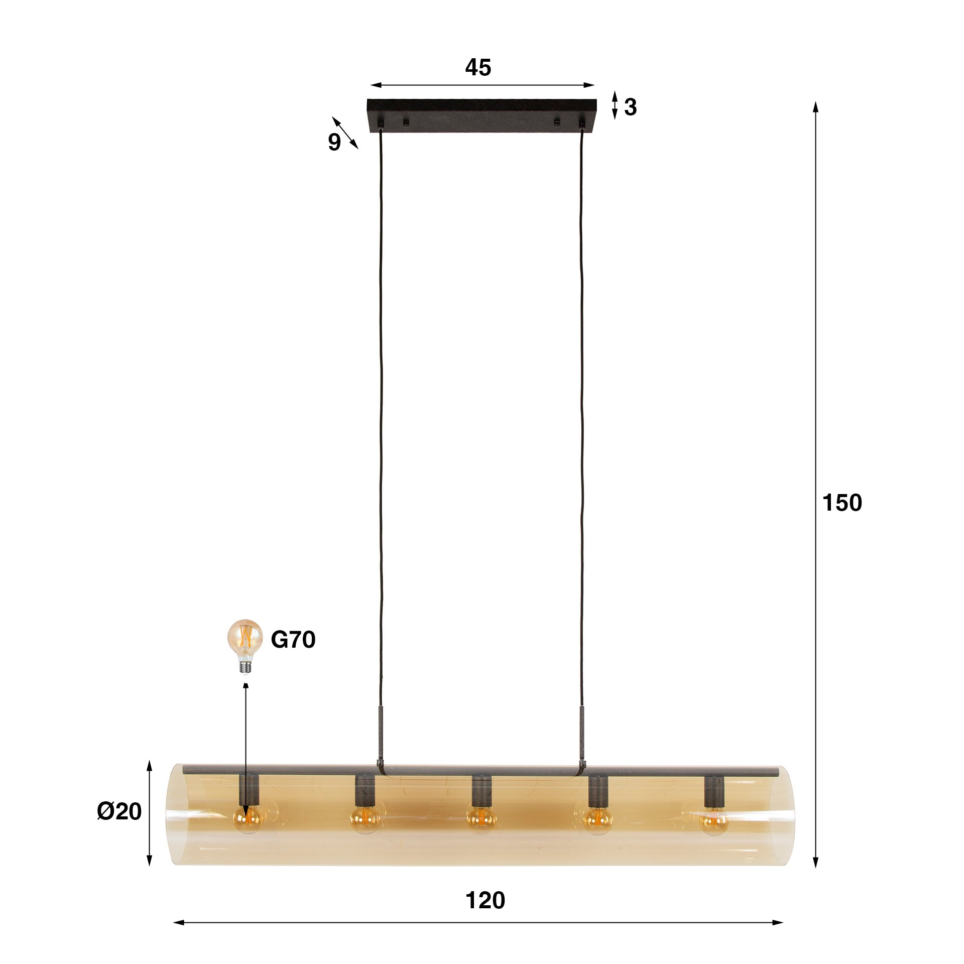Pendelleuchte „Solvira“ – Mit 5 Leuchten in horizontalem Tube-Amberglass Design