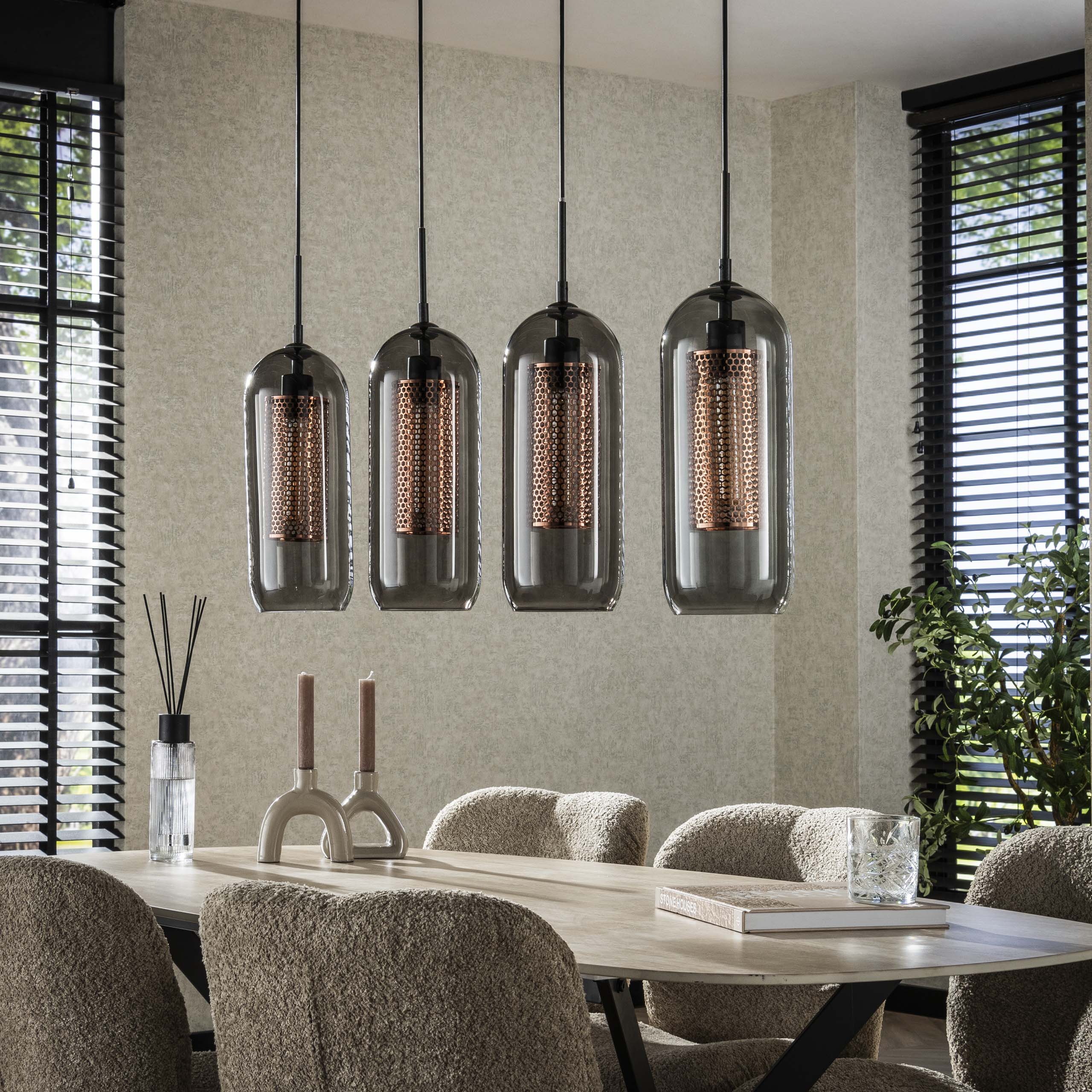 Pendelleuchte „Rivella“ – Mit 4 Leuchten im Rauchglas-Mesh-Design mit zylindrischen Kupfergitterschirmen