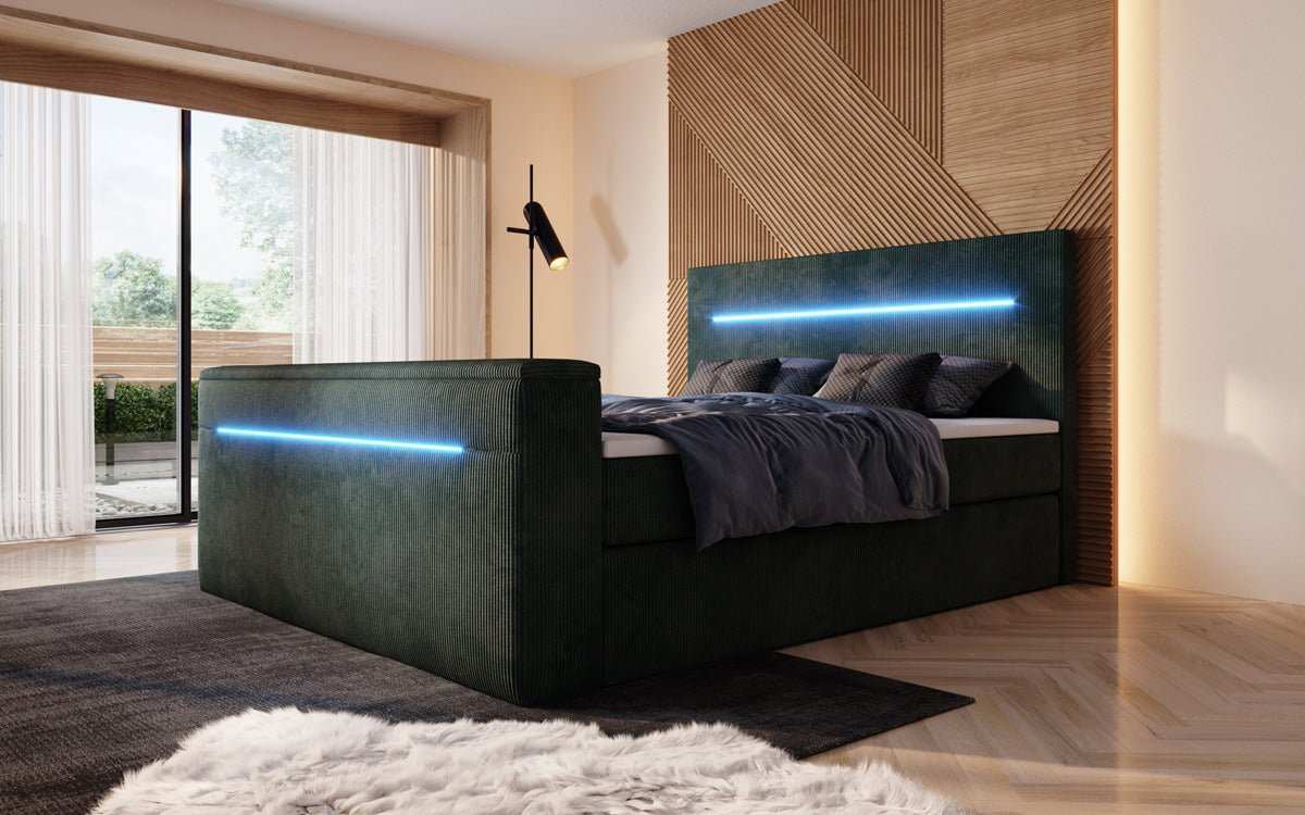 Boxspringbett Sejour mit TV Lift, RGB und Stauraum in Cord