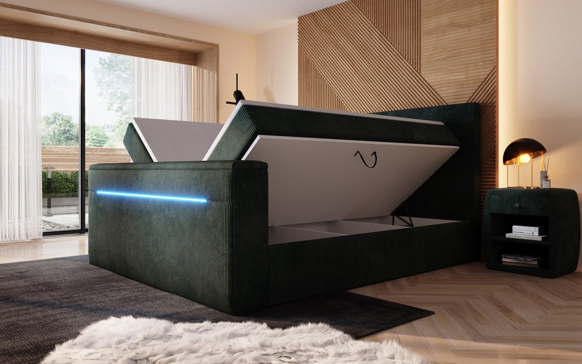 Boxspringbett Sejour mit TV Lift, RGB und Stauraum in Cord
