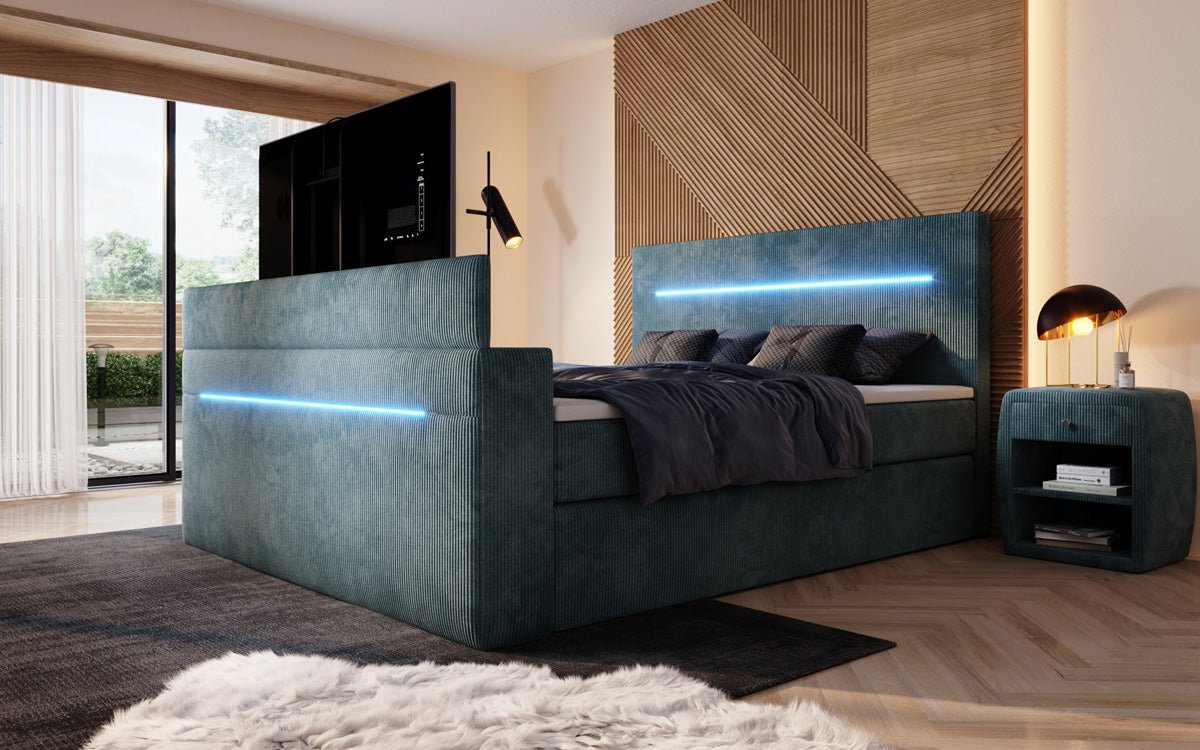 Boxspringbett Sejour mit TV Lift, RGB und Stauraum in Cord