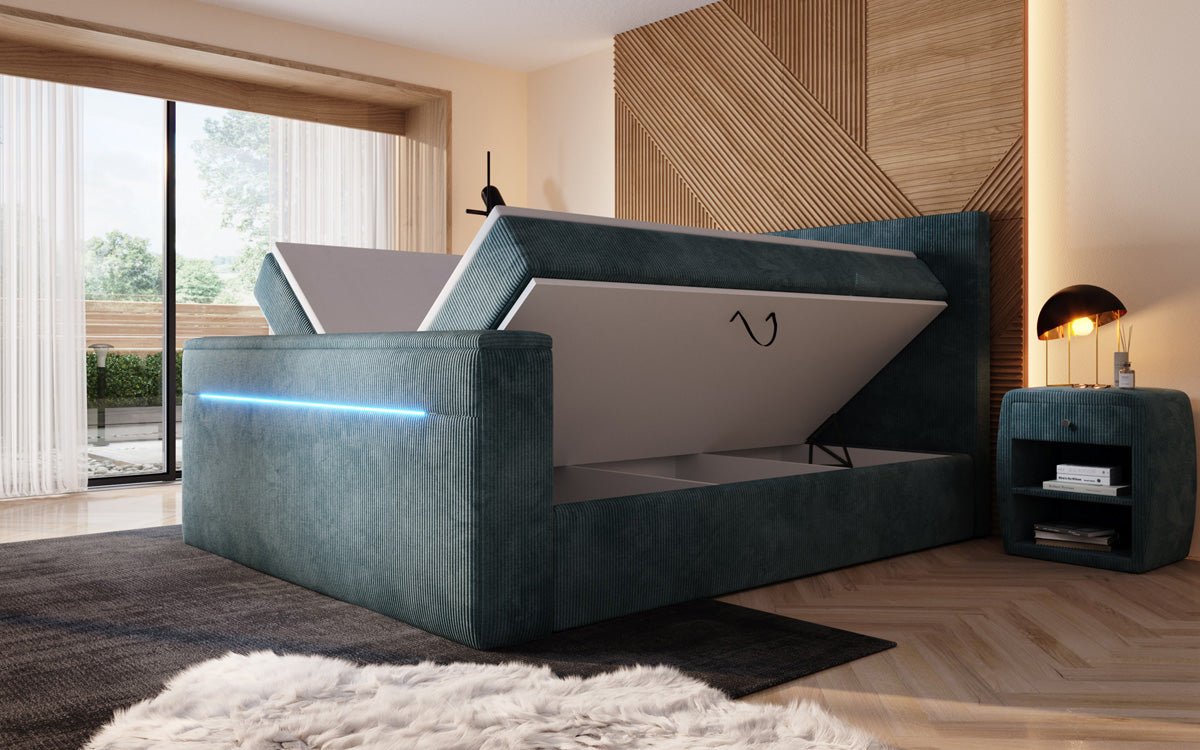 Boxspringbett Sejour mit TV Lift, RGB und Stauraum in Cord
