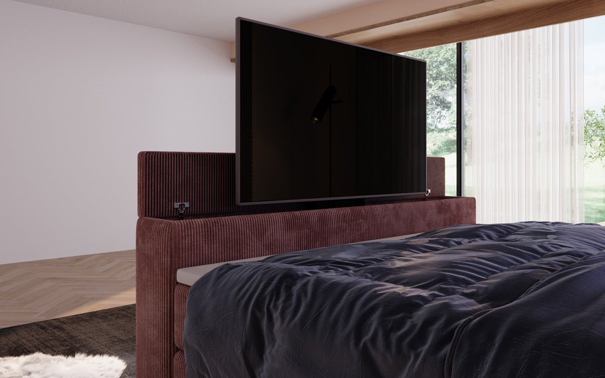 Boxspringbett Sejour mit TV Lift, RGB und Stauraum in Cord