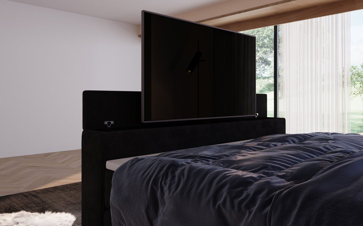 Boxspringbett Sejour mit TV Lift, RGB und Stauraum in Cord