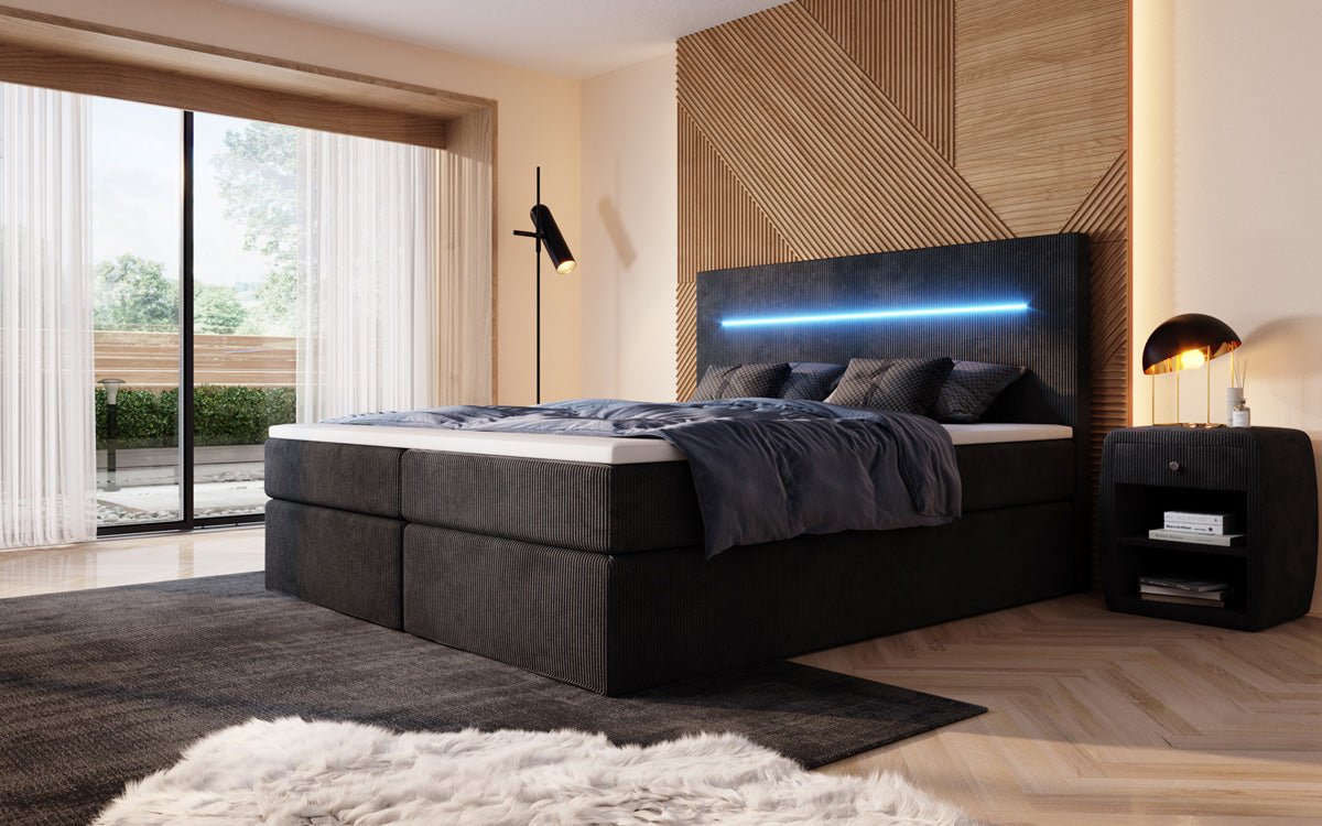 Boxspringbett Sejour mit LED u. Stauraum in Cord
