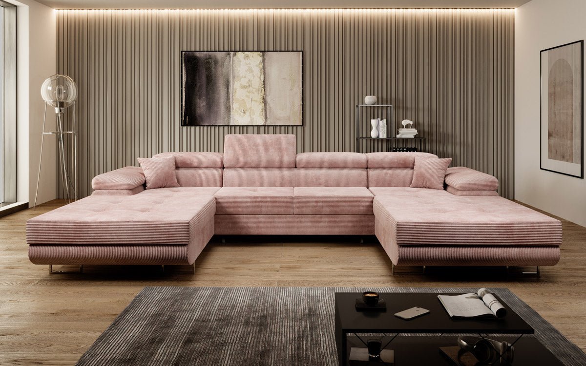 Designer Sofa Calvera U mit Schlaf- und Klappfunktion in Cord