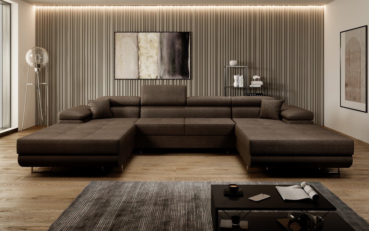 Designer Sofa Calvera U mit Schlaf- und Klappfunktion in Bouclé