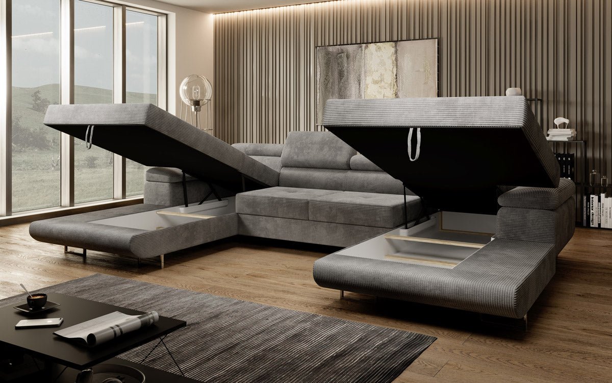 Designer Sofa Calvera U mit Schlaf- und Klappfunktion in Cord