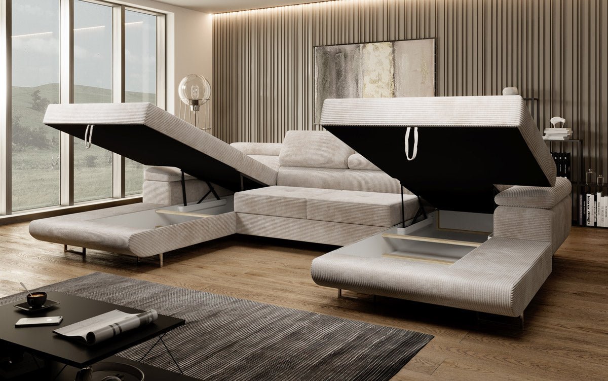 Designer Sofa Calvera U mit Schlaf- und Klappfunktion in Cord