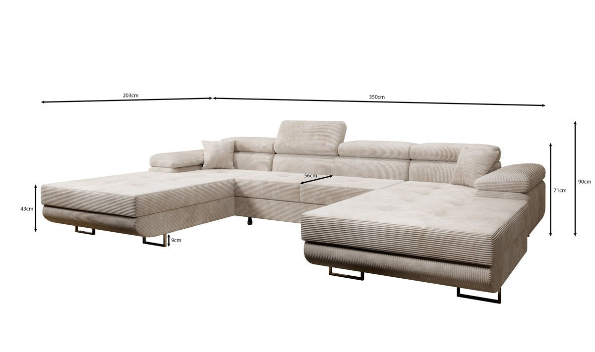 Designer Sofa Calvera U mit Schlaf- und Klappfunktion in Cord