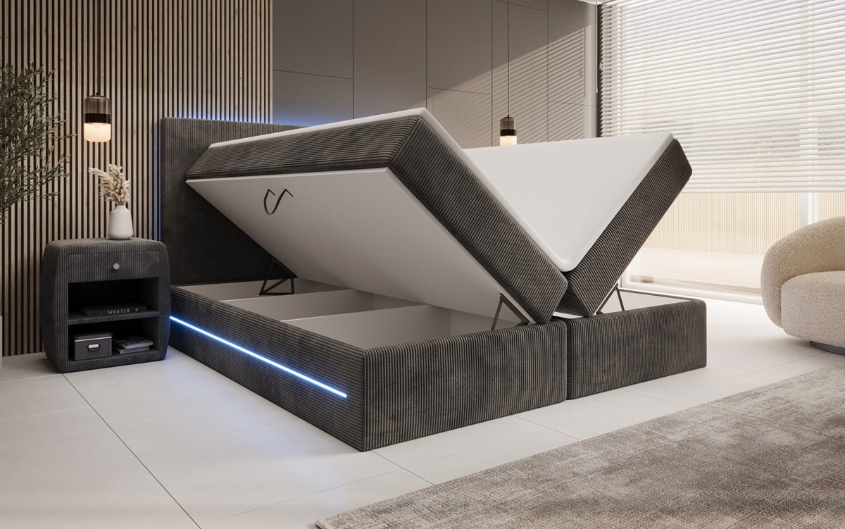 Boxspringbett Voyage mit LED u. Stauraum in Cord
