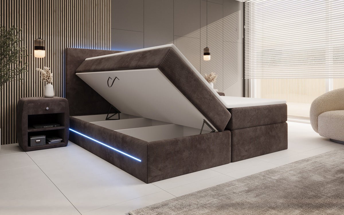 Boxspringbett Voyage mit LED u. Stauraum in Cord