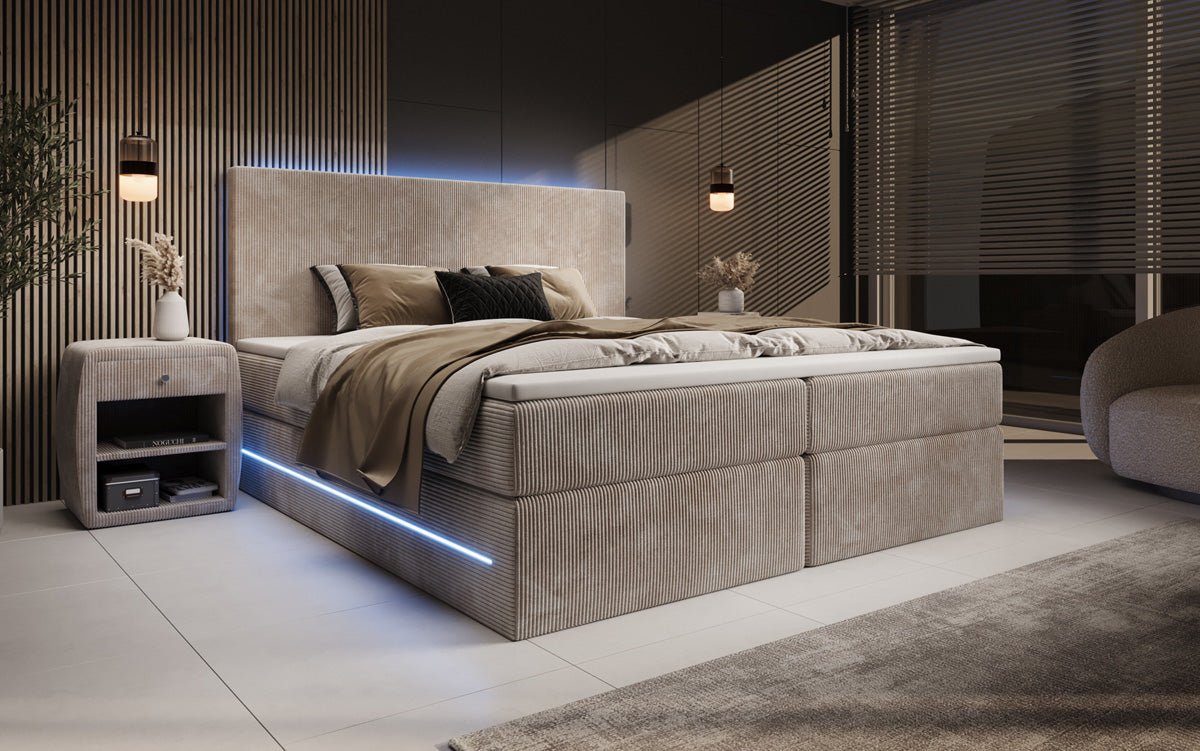 Boxspringbett Voyage mit LED u. Stauraum in Cord