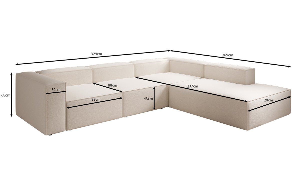 Designer Sofa Lesley L mit langer Ottomane in Strukturstoff