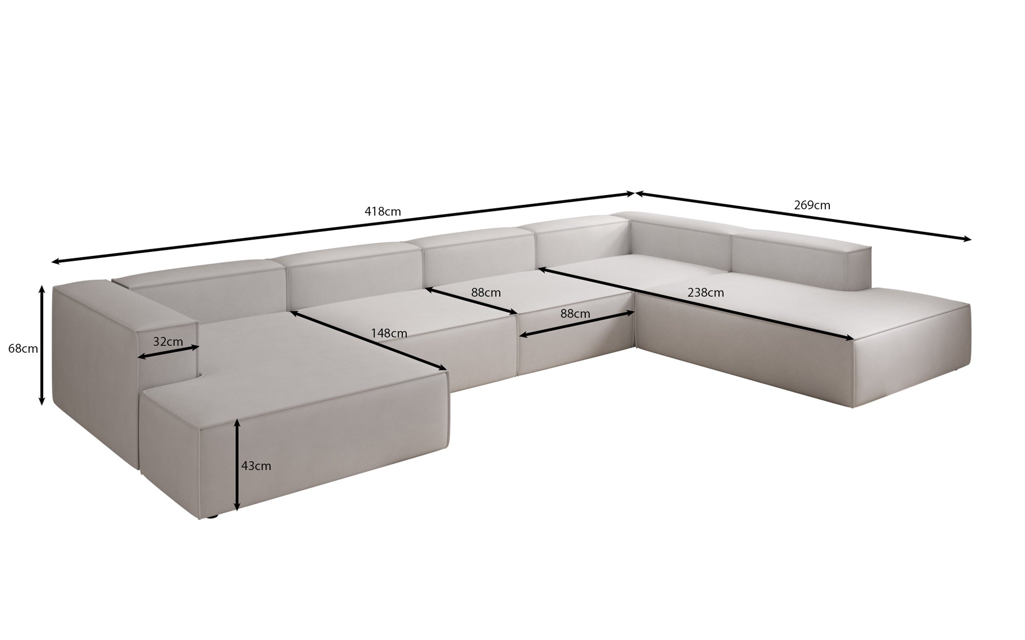 Designer Sofa Lesley U XXL in Echtleder