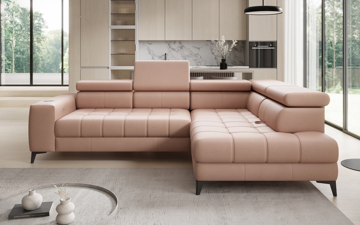 Designer L Sofa Seluna mit elektrischer Schlaffunktion, Induktion und Stauraum in Echtleder