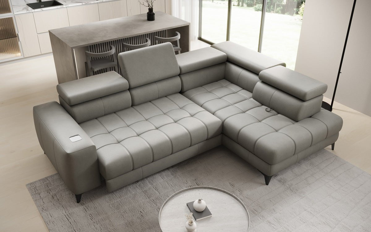 Designer L Sofa Seluna mit elektrischer Schlaffunktion, Induktion und Stauraum in Echtleder