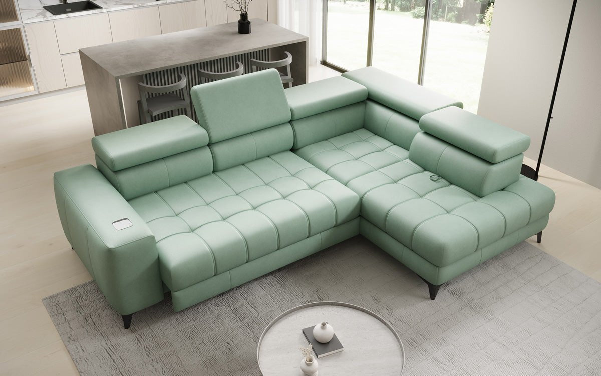 Designer L Sofa Seluna mit elektrischer Schlaffunktion, Induktion und Stauraum in Echtleder