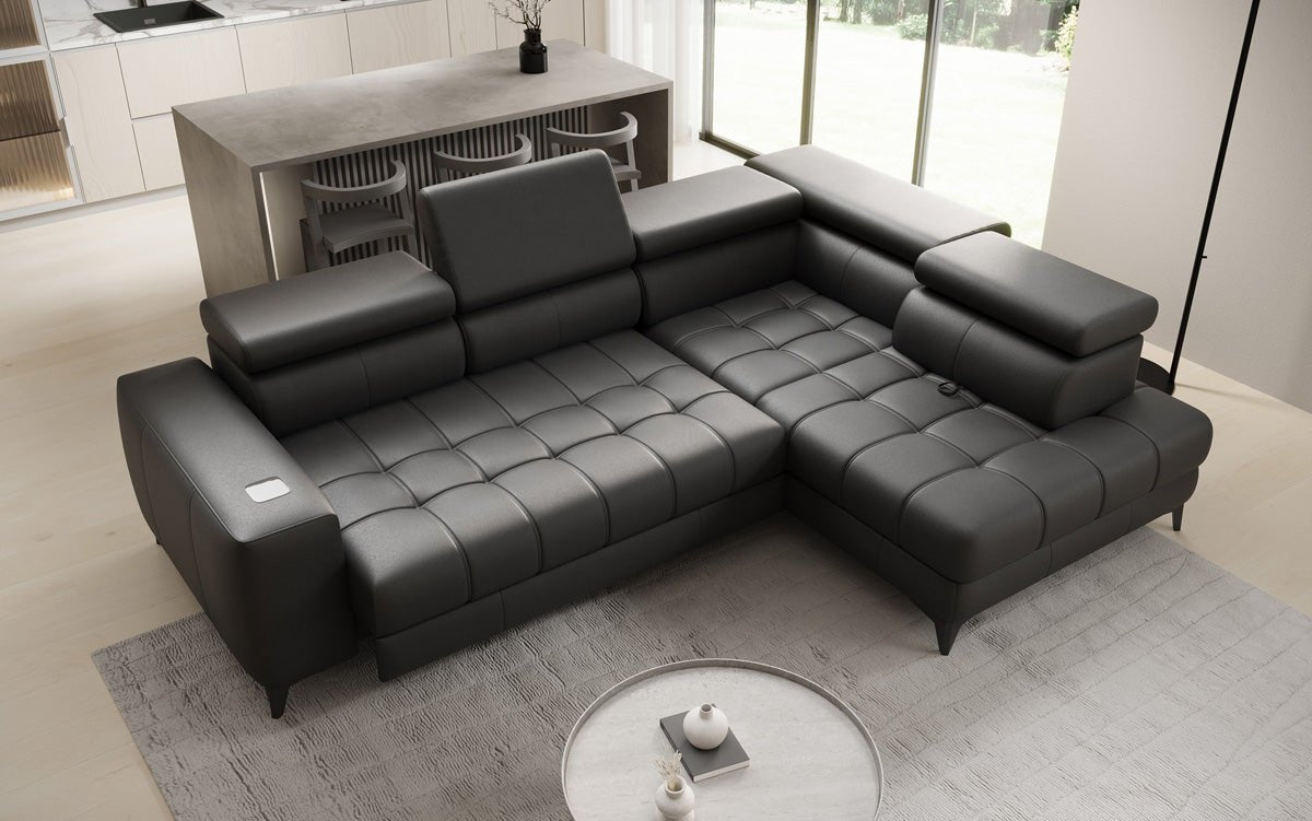 Designer L Sofa Seluna mit elektrischer Schlaffunktion, Induktion und Stauraum in Echtleder
