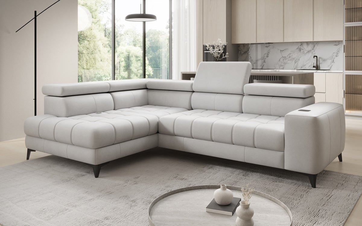 Designer L Sofa Seluna mit elektrischer Schlaffunktion, Induktion und Stauraum in Echtleder