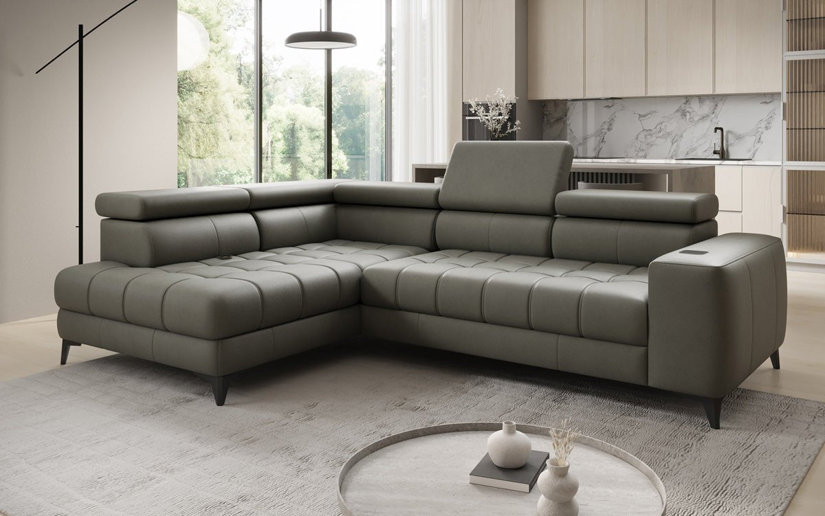 Designer L Sofa Seluna mit elektrischer Schlaffunktion, Induktion und Stauraum in Echtleder