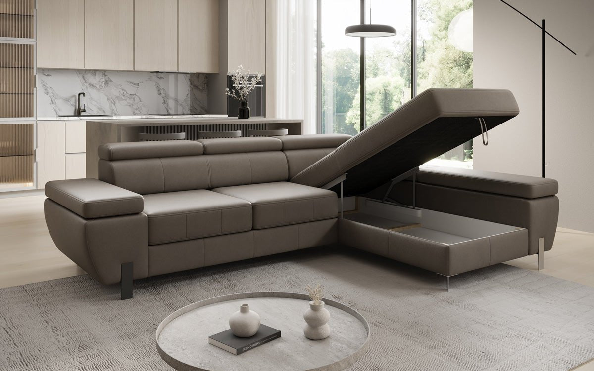 Designer L Sofa Calista mit Schlaffunktion und Stauraum in Echtleder