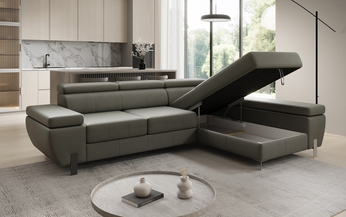 Designer L Sofa Calista mit Schlaffunktion und Stauraum in Echtleder