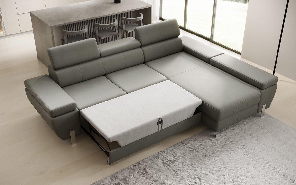 Designer L Sofa Calista mit Schlaffunktion und Stauraum in Echtleder