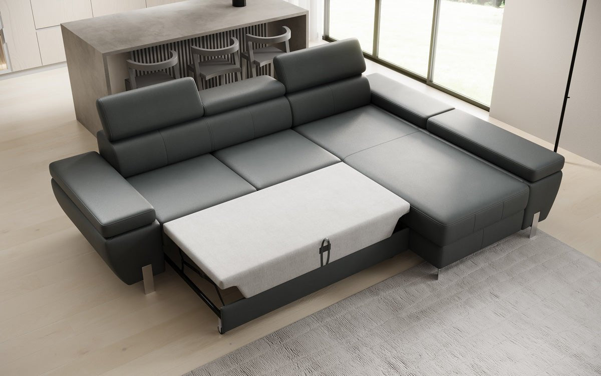 Designer L Sofa Calista mit Schlaffunktion und Stauraum in Echtleder