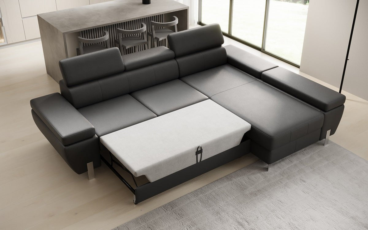 Designer L Sofa Calista mit Schlaffunktion und Stauraum in Echtleder