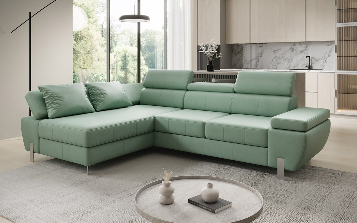 Designer L Sofa Calista mit Schlaffunktion und Stauraum in Echtleder