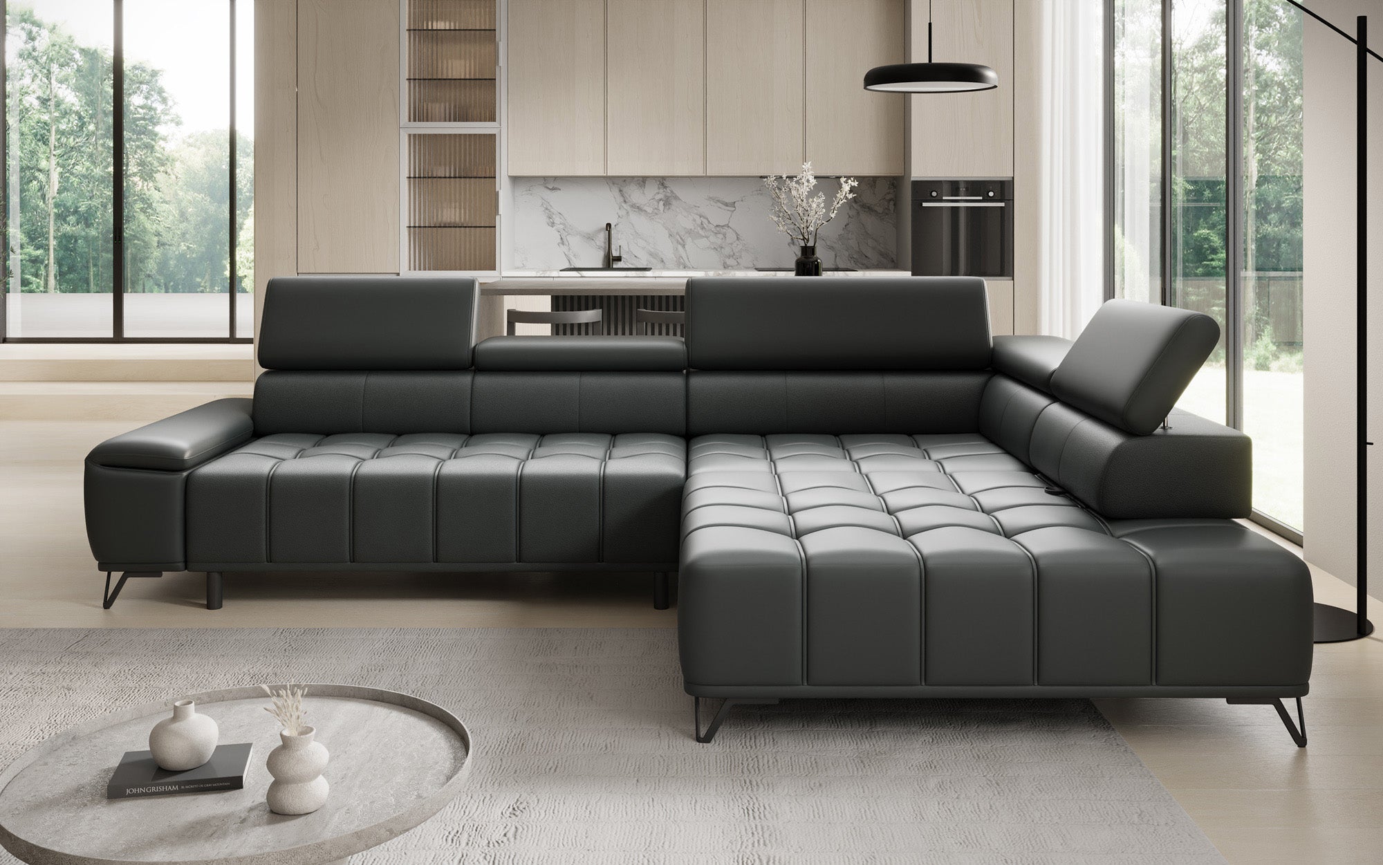 Designer L Sofa Selora mit elektrischer Schlaffunktion und verstellbarerer Rückenlehne in Echtleder