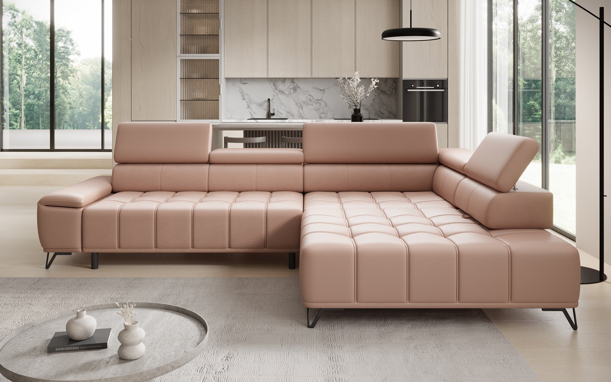 Designer L Sofa Selora mit elektrischer Schlaffunktion und verstellbarerer Rückenlehne in Echtleder