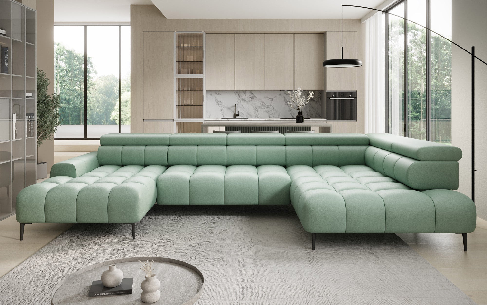 Designer Sofa Ceora U mit elektrischer Schlaffunktion und verstellbarerer Rückenlehne in Echtleder